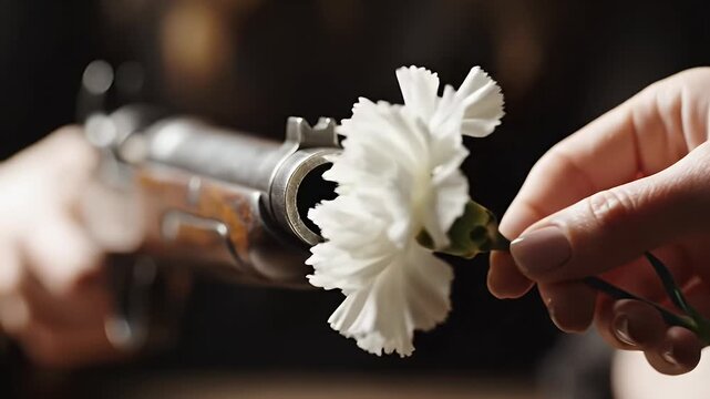 White flower in muzzle of vintage gun.