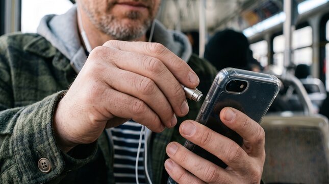 Man plugging wired headphones into smartphone while commuting on bus.