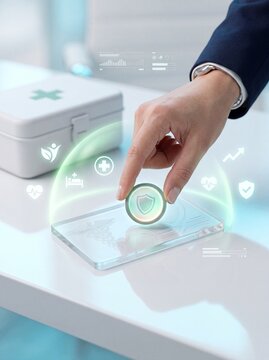 Medical professional hand interacting with futuristic digital health interface with transparent screen