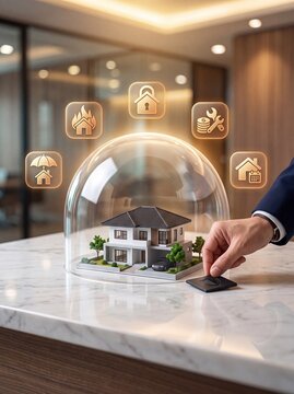 House insurance concept with digital icons with hand holding shield token representing insurance security