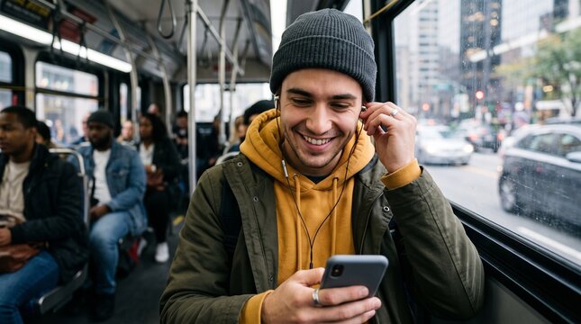 Young smiling man using smartphone and earphones while commuting on city bus.