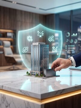 Hand placing building model under digital protection shield with protected holographic shield icons icons modern office