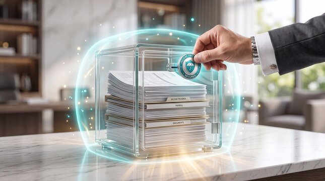 Businessman locking digital protected glass vault with professional office boardroom labeled financial documents