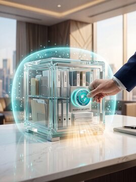 Digital asset protection businessman securing financial documents in transparent safe with cabinet