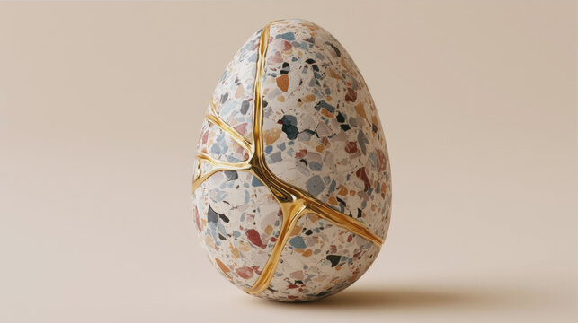 Elegant terrazzo egg with golden kintsugi cracks on beige background
