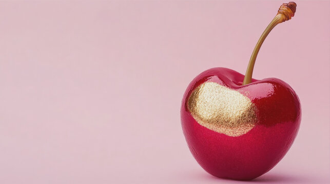 Glossy red cherry with a golden bite mark on a soft pink background, minimalist creative concept