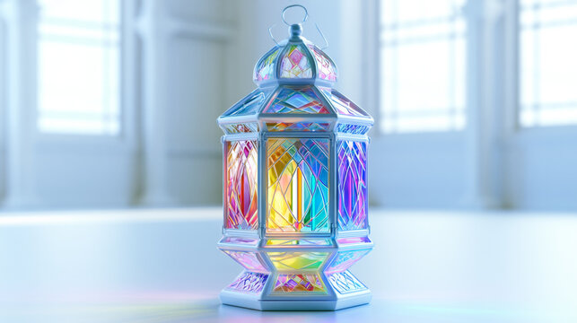 A colorful stained glass Ramadan lantern standing in a bright minimalist white interior