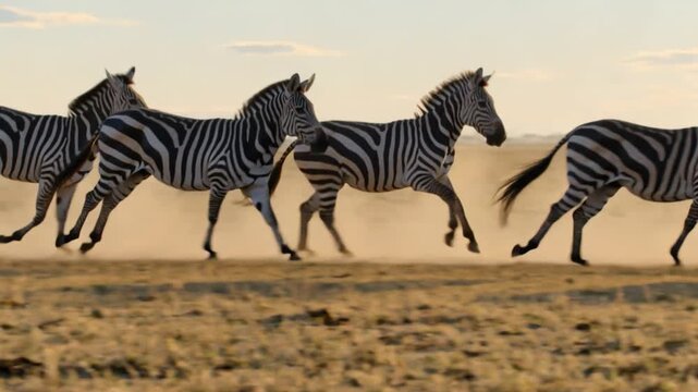 A majestic zebra herd gallops across the dusty African savanna at ground level, capturing the wild spirit of nature.