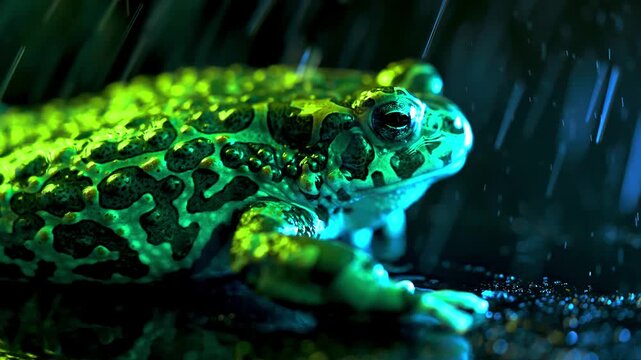 A vibrant green european toad sits under gentle rain in a dark