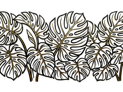 Tropical monstera leaf line art border with elegant gold and black outlines, exotic botanical foliage pattern on a clean white background. Luxury jungle plant illustration featuring swiss cheese
