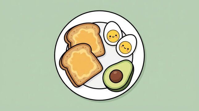 Cute cartoon breakfast featuring toasted bread slices with butter and boiled eggs and fresh green avocado