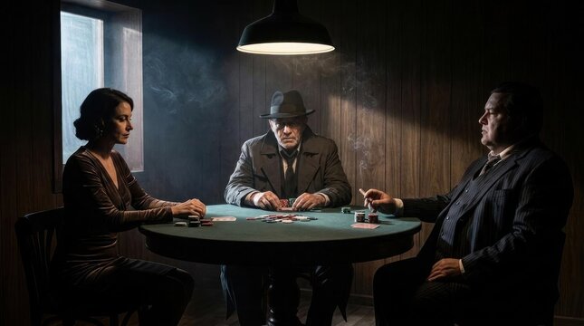 Cinematic film noir poker scene.