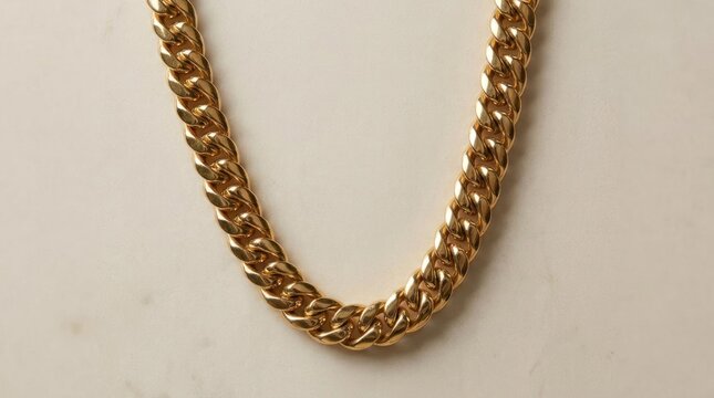 Close-up of a heavy gold curb link chain necklace.