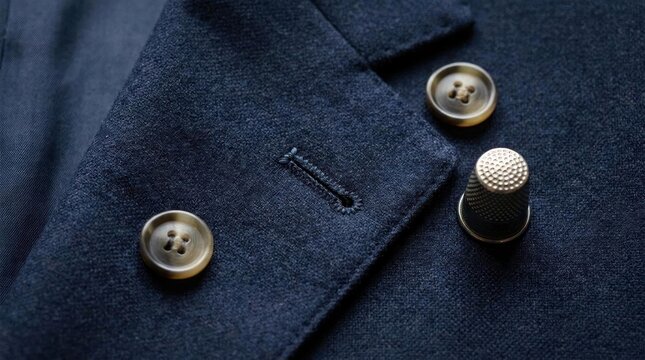 Close-up of dark suit fabric with buttons and metal thimble.