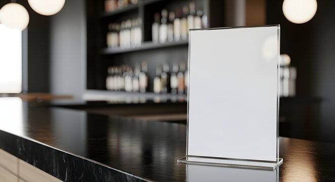 Blank white menu display on a dark bar counter with blurred bottles in the background, perfect for restaurant promotions and drink specials.