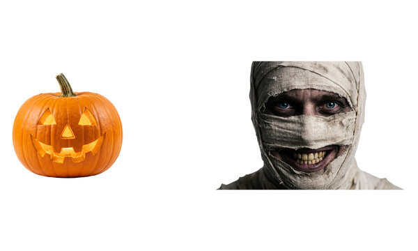 Halloween jackolantern pumpkin and scary mummy face isolated on transparent background