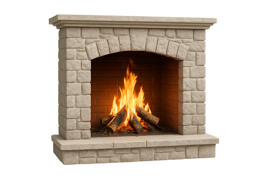Stone fireplace with burning fire isolated on transparent background