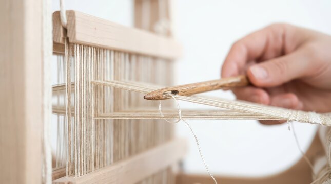 Hands weaving thread on a wooden loom with shuttle.