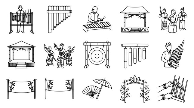 Traditional Indonesian Musical Instruments and Performance Elements - Line Art Icons