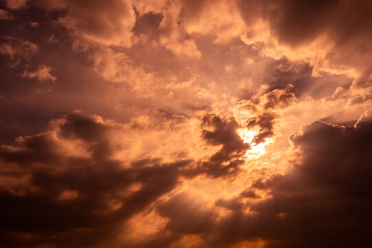 God light. Dark cloudy sky with sun beam. Sun rays through dark clouds. God light from heaven for hope and faithful concept. Believe in god. Heaven sky. Sunset sky. Spiritual religious background.