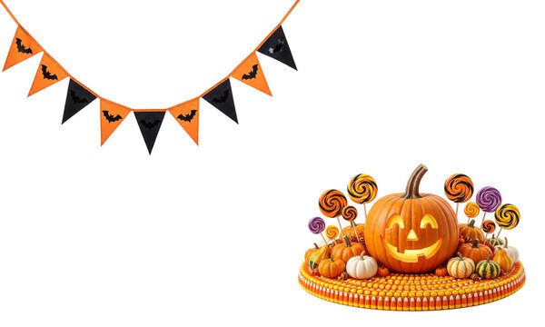 Halloween party decorations with bat bunting and pumpkin candy display isolated on transparent background