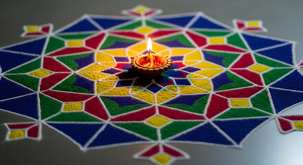 Fototapeta premium Lit Diya Oil Lamp on Colorful Rangoli for Diwali Festival Celebration