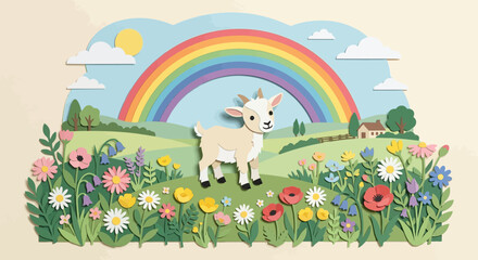 Fototapeta premium Whimsical paper craft goat in a colorful meadow under a rainbow and sun.