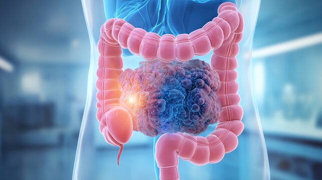 Detailed medical 3D illustration of colorectal cancer development inside human large intestine, showing malignant tumor growth, intestinal wall lesions, polyp deterioration, digestive system pathology