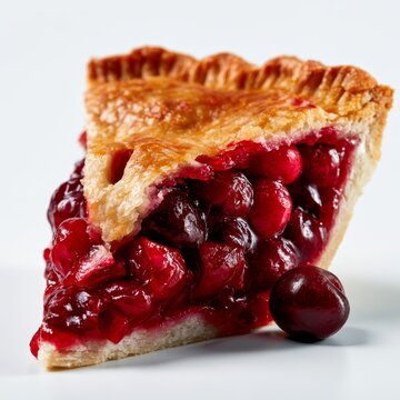 Delicious cherry pie slice rests on plate freshly baked pie adorned with vibrant red cherry