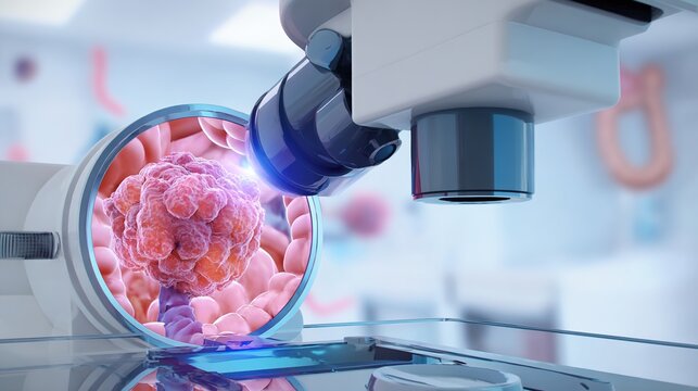 Detailed medical 3D illustration of colorectal cancer development inside human large intestine, showing malignant tumor growth, intestinal wall lesions, polyp deterioration, digestive system pathology