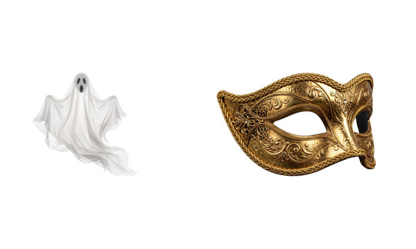 White ghost and golden masquerade mask isolated on transparent background