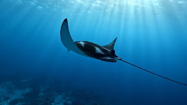 Giant Oceanic Manta Ray Gracefully Barrel Rolling Underwater Amidst Sunbeams in Deep Blue Water