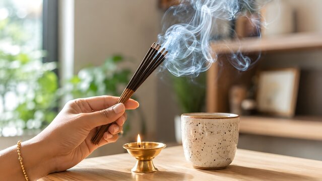 and Holding Burning Incense Stick Agarbatti with Smoke Near Coffee Cup and Diya