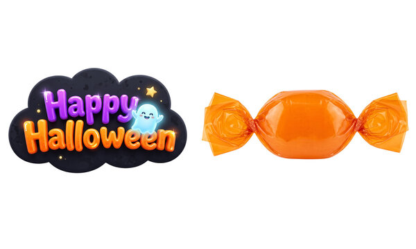 Happy halloween text with cute ghost and orange candy isolated on white isolated on transparent background