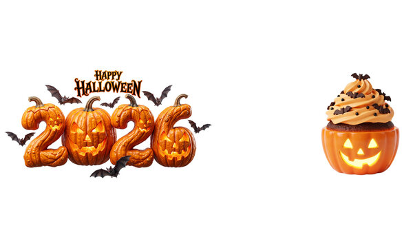 Happy halloween 2026 text with pumpkin lanterns and bats isolated on white isolated on transparent background