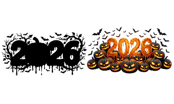 2026 halloween text with spooky pumpkins and bats isolated on white isolated on transparent background