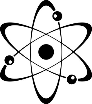 Atomic nucleus model with orbiting electrons. Simplified science diagram of particle physics and quantum structure.