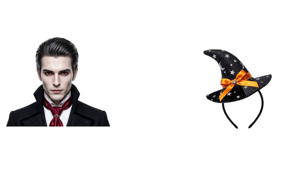 Vampire man and witch hat headband isolated on transparent background