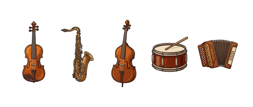 Collection of Musical Instruments on White Background