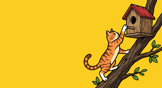 Bird house and a curious ginger cat climbing up a tree branch