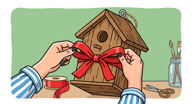 Bird house decoration process with hands tying a red ribbon bow