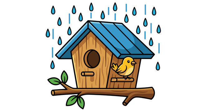 Bird house and yellow bird on a branch during a rain storm