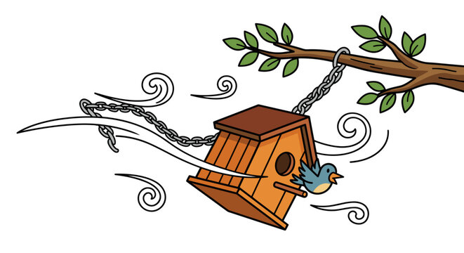 Bird house swaying on a tree branch during a windy storm
