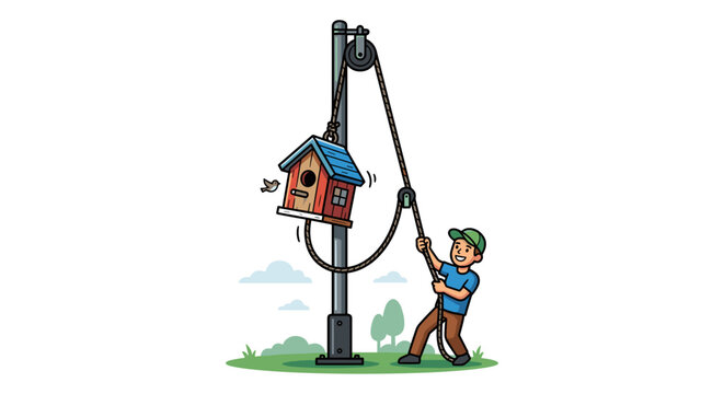 Bird house lifted by a boy using a pulley system on a metal pole