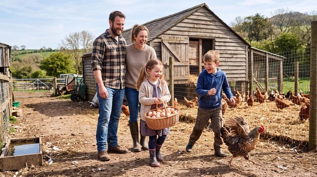 Joyful family with children collecting fresh eggs in a rustic farmyard