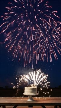 A festive cake sitting on a wooden table beneath bright colorful fireworks exploding