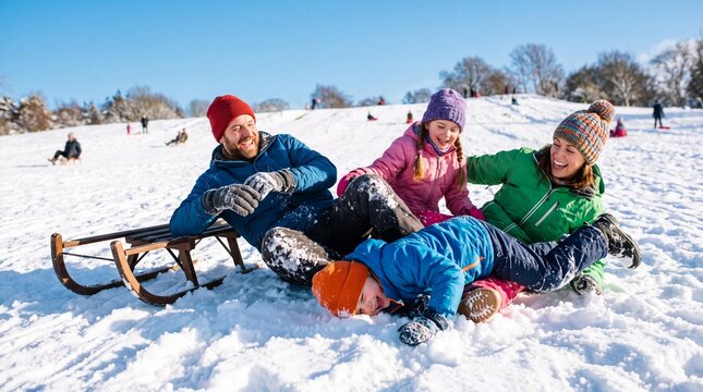Happy family of four playing in the snow after sledding down a winter hill.