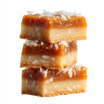 dessert of coconut-laden kiri toffee bars isolated on a white background