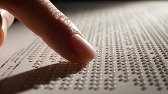 Close-up side angle of a finger tracing Braille text, highlighting tactile reading and accessibility for the visually impaired.