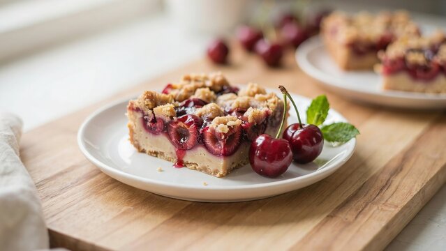Cherry crumble bar slice on white plate with fresh berries and mint wooden cutting board homemade dessert bakery photo